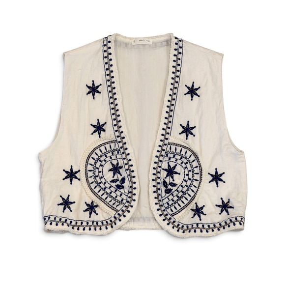 Mango Jackets & Blazers - Mango MNG White Embroidered Beaded Boho Celestial Vest Cotton Navy Blue Large
